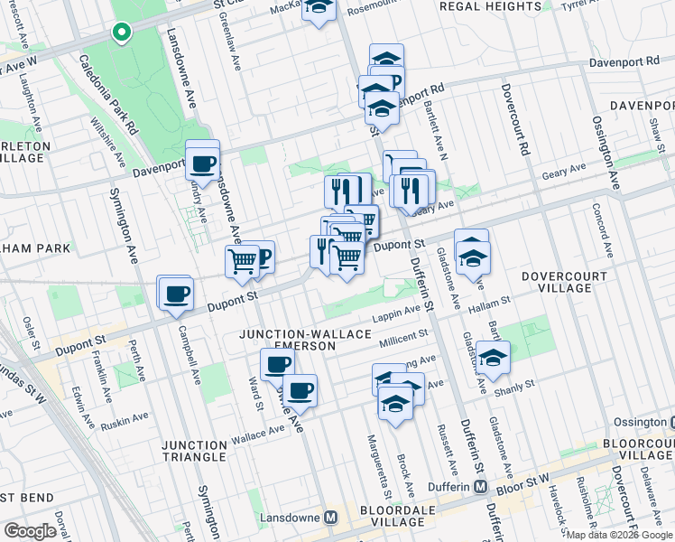 map of restaurants, bars, coffee shops, grocery stores, and more near 1285 Dupont Street in Toronto