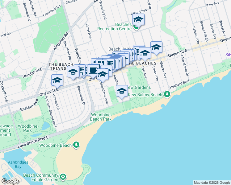 map of restaurants, bars, coffee shops, grocery stores, and more near Kew Beach Crescent in Toronto