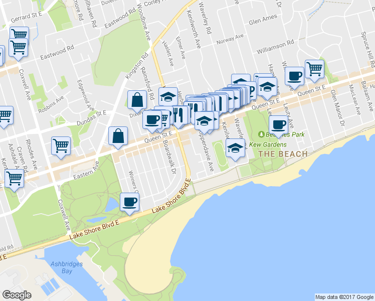 map of restaurants, bars, coffee shops, grocery stores, and more near 123 Woodbine Avenue in Toronto