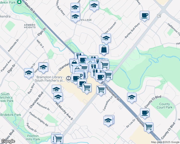 map of restaurants, bars, coffee shops, grocery stores, and more near in Brampton