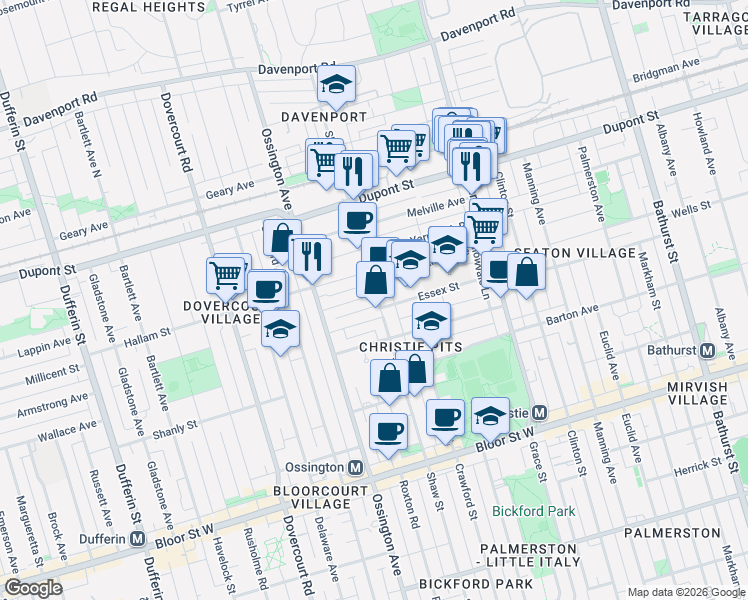 map of restaurants, bars, coffee shops, grocery stores, and more near 976 Shaw Street in Toronto