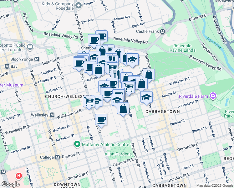 map of restaurants, bars, coffee shops, grocery stores, and more near 501 Sherbourne Street in Toronto
