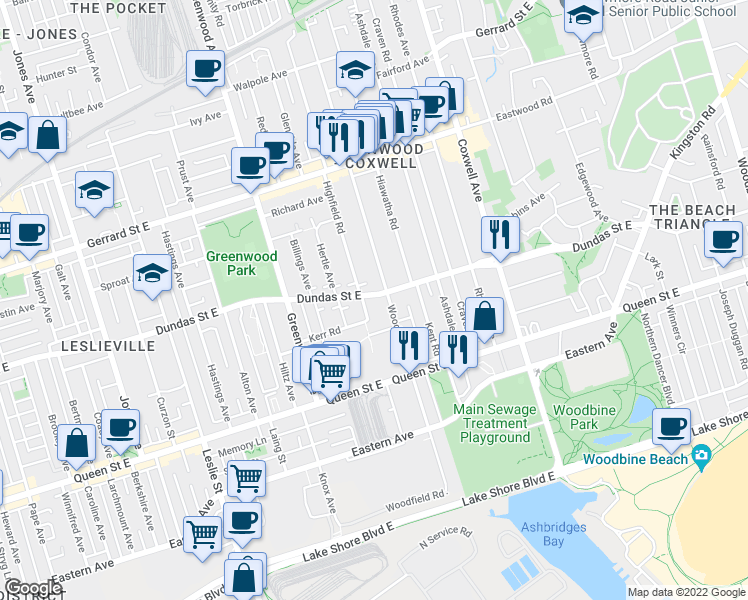map of restaurants, bars, coffee shops, grocery stores, and more near 1763 Dundas Street East in Toronto