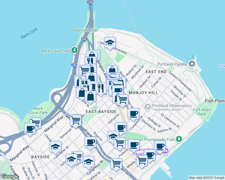 map of restaurants, bars, coffee shops, grocery stores, and more near Washington Avenue in Portland