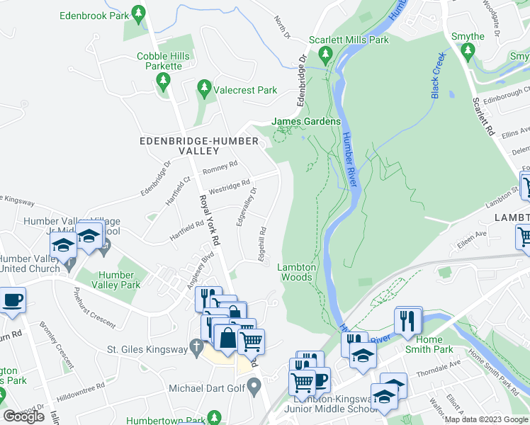 map of restaurants, bars, coffee shops, grocery stores, and more near 26 Edgehill Road in Toronto