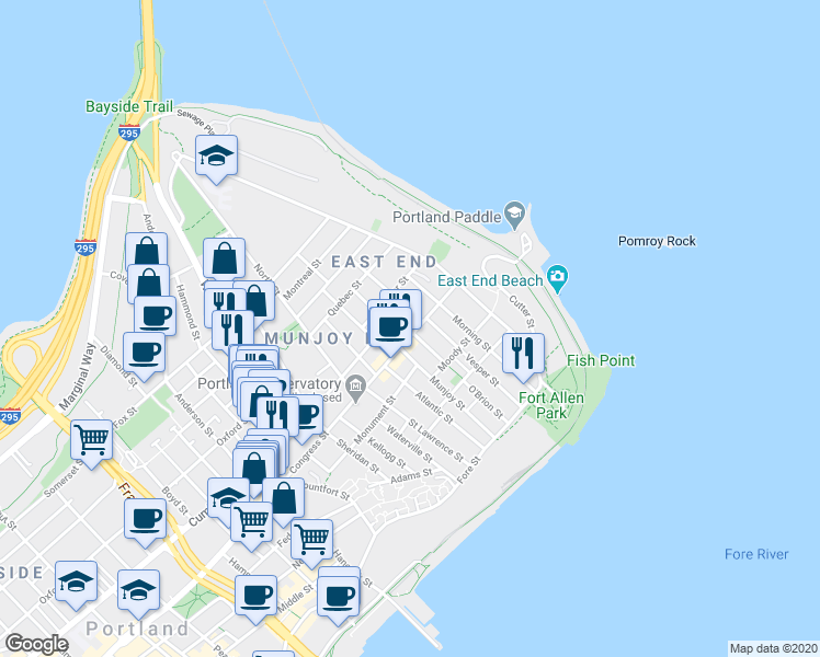 map of restaurants, bars, coffee shops, grocery stores, and more near 16 Emerson Street in Portland