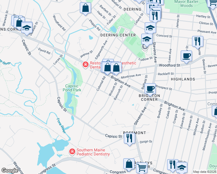 map of restaurants, bars, coffee shops, grocery stores, and more near 21 Fleetwood Street in Portland