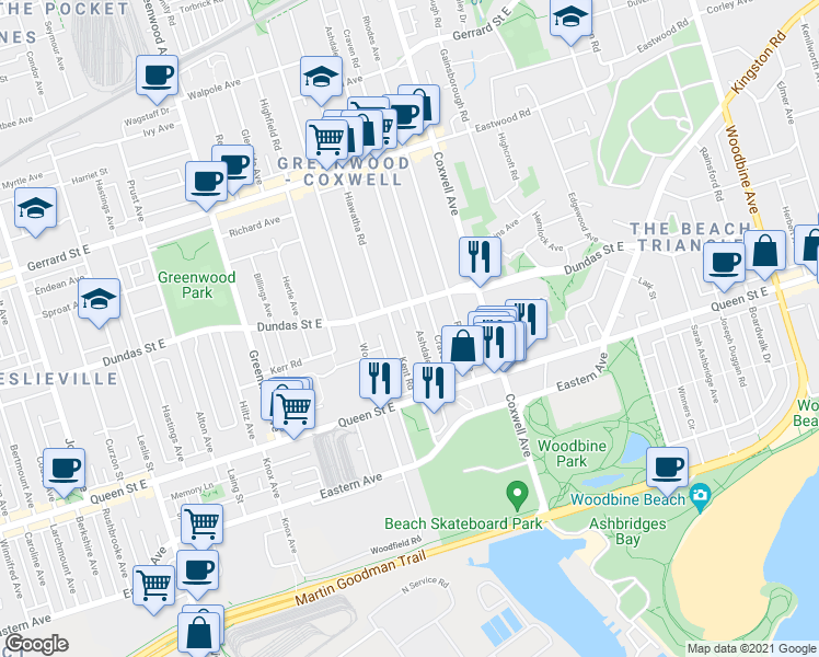 map of restaurants, bars, coffee shops, grocery stores, and more near in Toronto