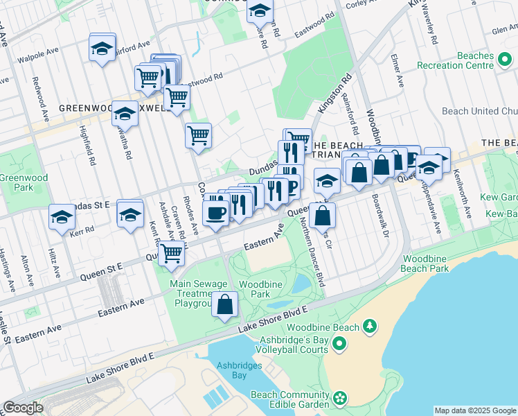 map of restaurants, bars, coffee shops, grocery stores, and more near 12 Orchard Park Boulevard in Toronto