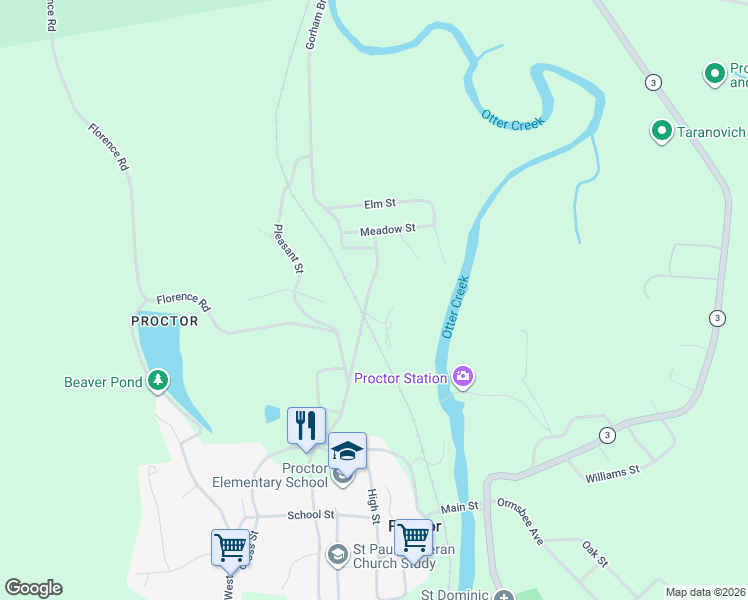 map of restaurants, bars, coffee shops, grocery stores, and more near 99 North Street in Proctor
