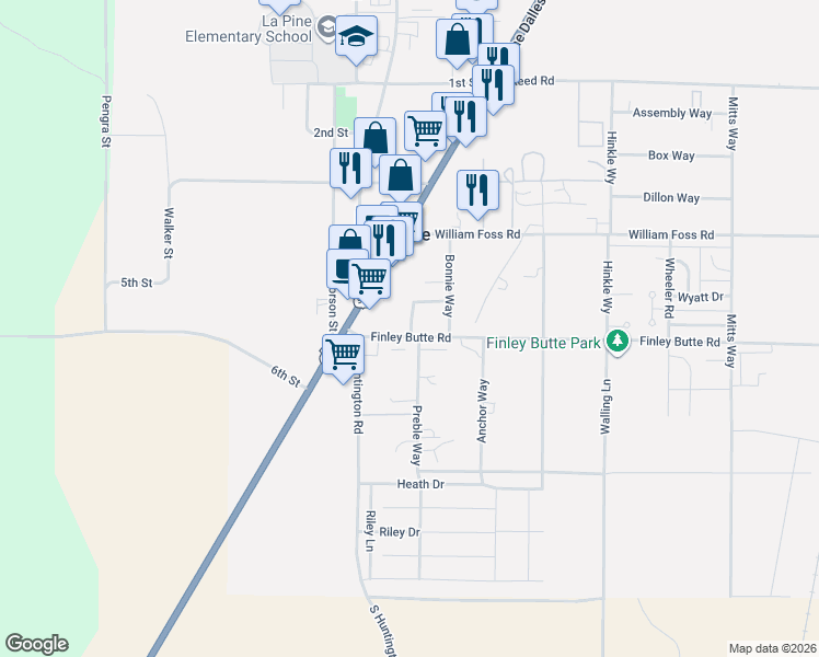 map of restaurants, bars, coffee shops, grocery stores, and more near 16440 Finley Butte Road in La Pine
