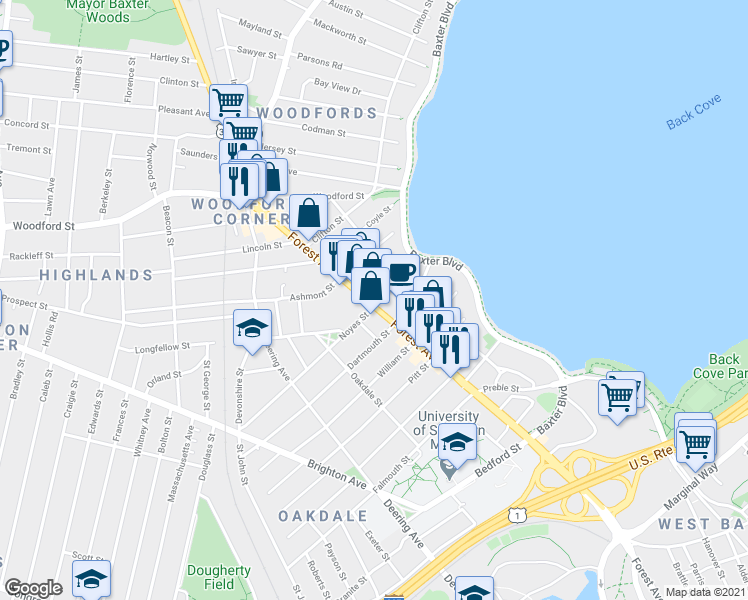 map of restaurants, bars, coffee shops, grocery stores, and more near 509 Forest Ave in Portland