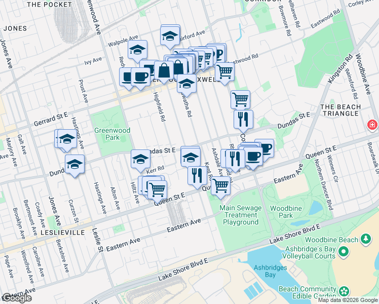 map of restaurants, bars, coffee shops, grocery stores, and more near in Toronto
