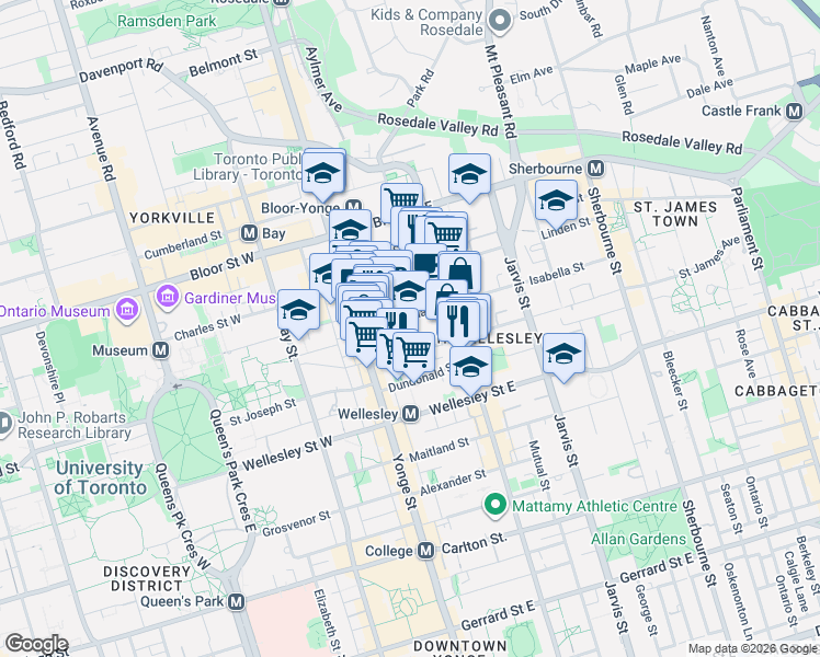 map of restaurants, bars, coffee shops, grocery stores, and more near 33 Isabella Street in Toronto