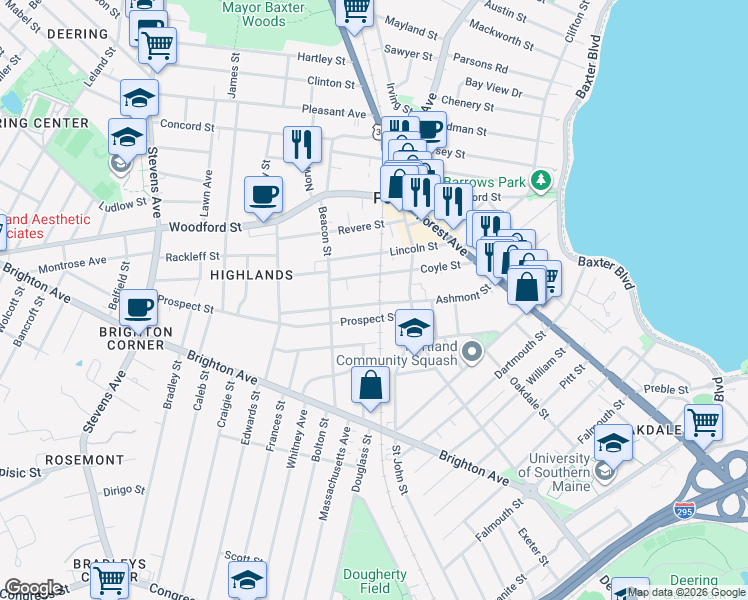 map of restaurants, bars, coffee shops, grocery stores, and more near 186 Coyle Street in Portland