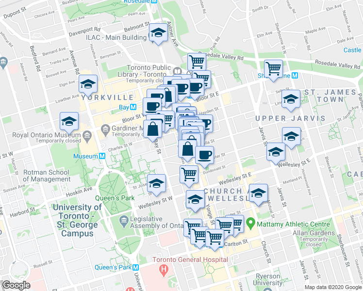 map of restaurants, bars, coffee shops, grocery stores, and more near 700 Yonge Street in Toronto