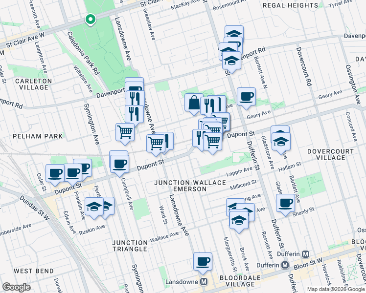 map of restaurants, bars, coffee shops, grocery stores, and more near 260 Emerson Avenue in Toronto