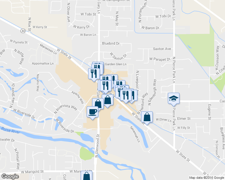 map of restaurants, bars, coffee shops, grocery stores, and more near 7040 West State Street in Boise
