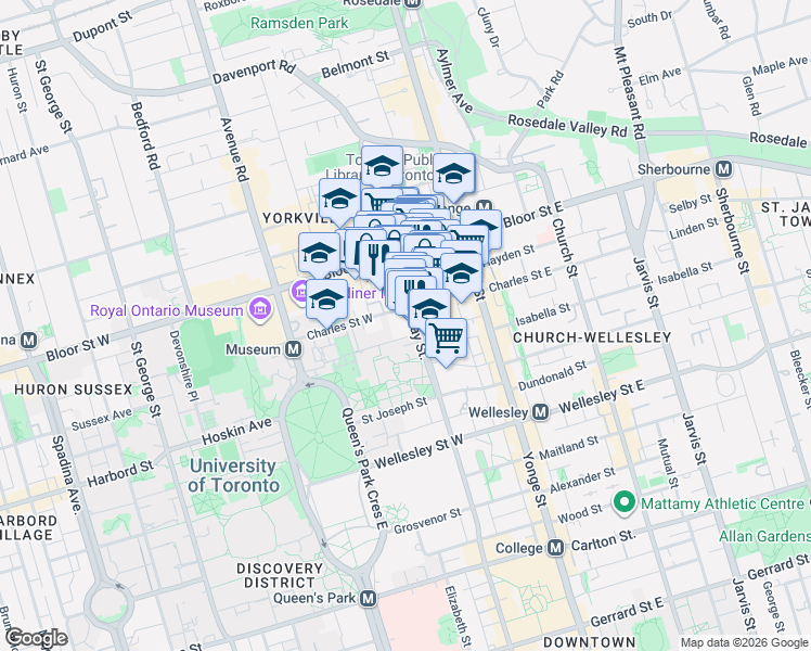 map of restaurants, bars, coffee shops, grocery stores, and more near 55 Charles Street West in Toronto