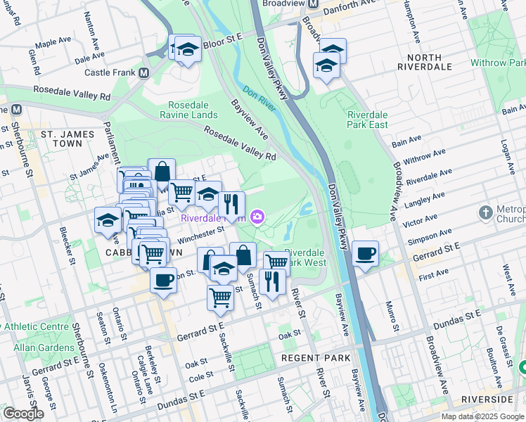 map of restaurants, bars, coffee shops, grocery stores, and more near 200 Winchester Street in Toronto
