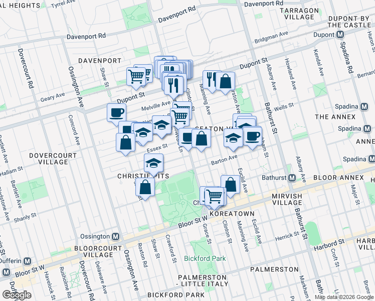 map of restaurants, bars, coffee shops, grocery stores, and more near 154A Christie Street in Toronto