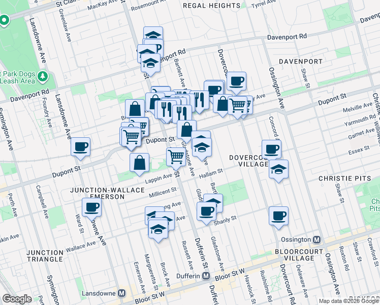 map of restaurants, bars, coffee shops, grocery stores, and more near 821 Gladstone Avenue in Toronto
