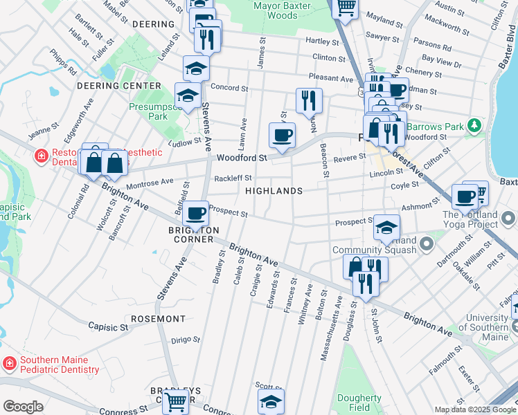 map of restaurants, bars, coffee shops, grocery stores, and more near 30 Seeley Avenue in Portland