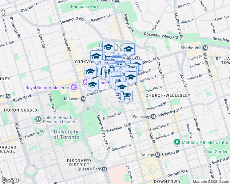 map of restaurants, bars, coffee shops, grocery stores, and more near 55 Charles Street West in Toronto