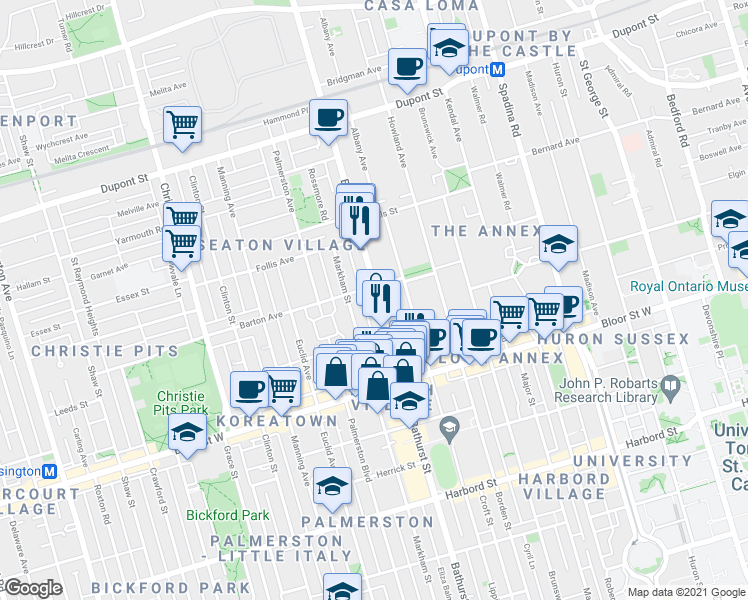 map of restaurants, bars, coffee shops, grocery stores, and more near 896 Bathurst Street in Toronto