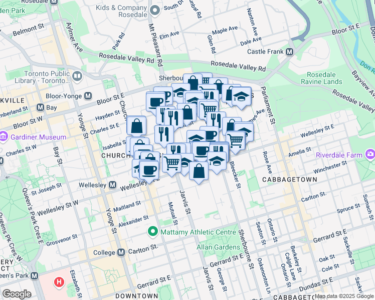 map of restaurants, bars, coffee shops, grocery stores, and more near 10 Wellesley Place in Toronto