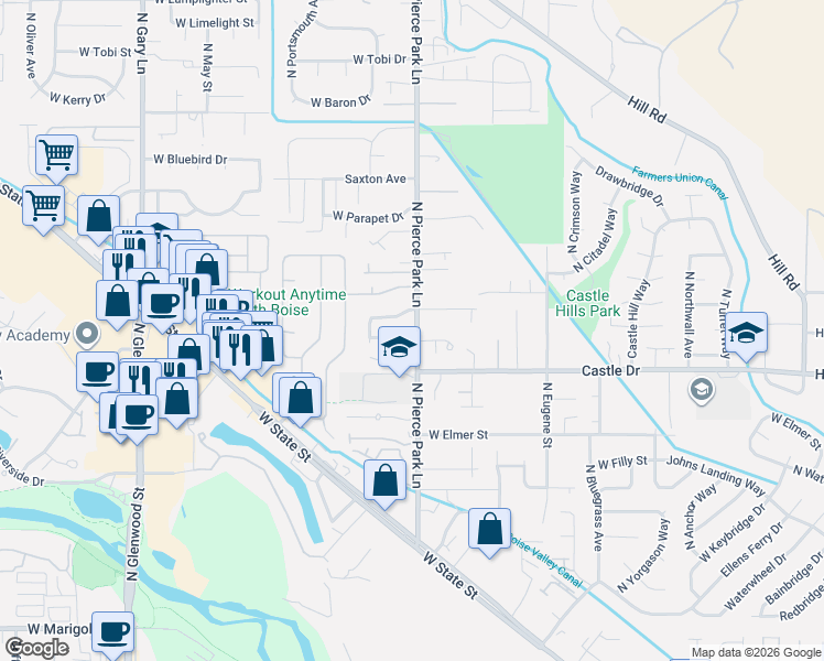 map of restaurants, bars, coffee shops, grocery stores, and more near 6389 West Battlement Drive in Boise
