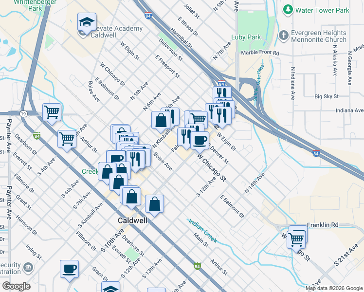 map of restaurants, bars, coffee shops, grocery stores, and more near 820 East Chicago Street in Caldwell