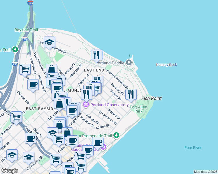 map of restaurants, bars, coffee shops, grocery stores, and more near in Portland