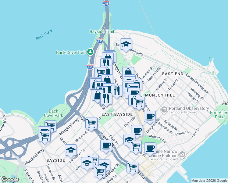 map of restaurants, bars, coffee shops, grocery stores, and more near 155 Anderson Street in Portland