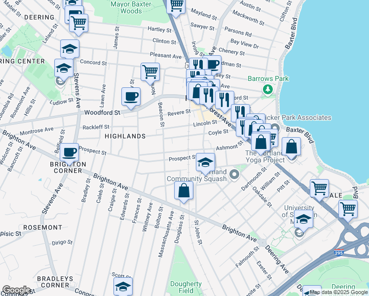 map of restaurants, bars, coffee shops, grocery stores, and more near 186 Coyle Street in Portland