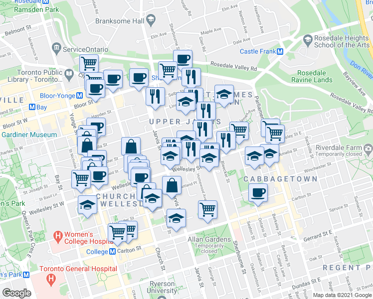 map of restaurants, bars, coffee shops, grocery stores, and more near 18 Earl Street in Toronto