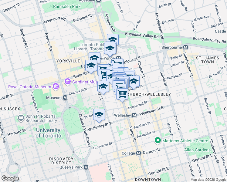 map of restaurants, bars, coffee shops, grocery stores, and more near 75 Saint Nicholas Street in Toronto