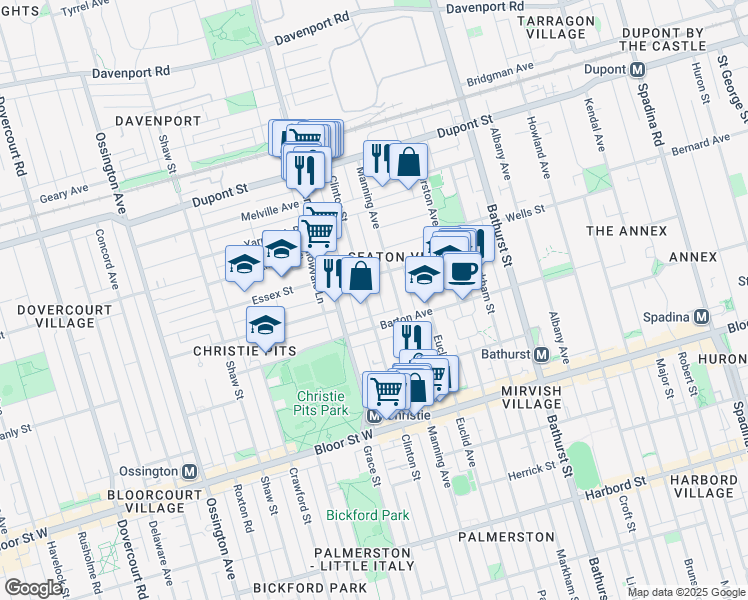 map of restaurants, bars, coffee shops, grocery stores, and more near in Toronto