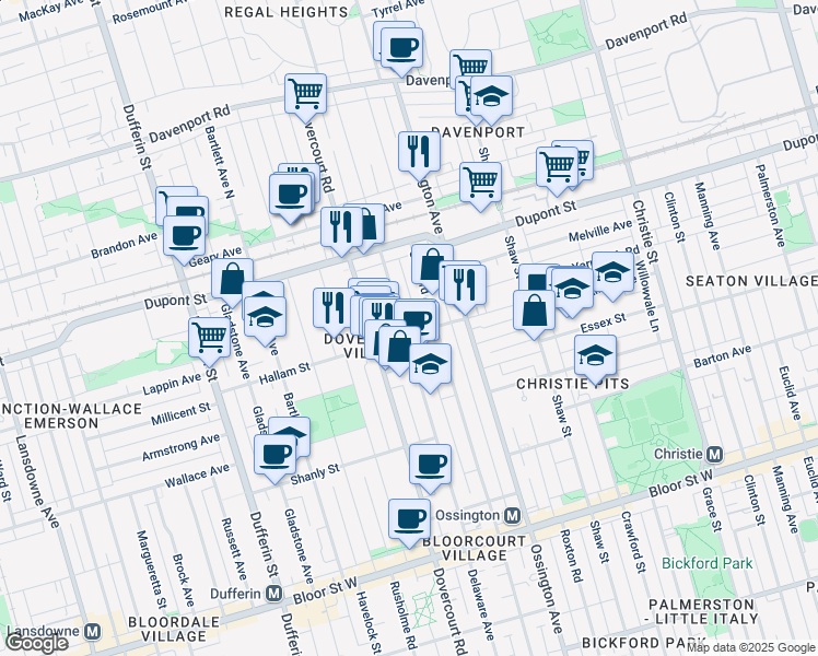 map of restaurants, bars, coffee shops, grocery stores, and more near in Toronto