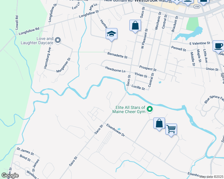 map of restaurants, bars, coffee shops, grocery stores, and more near 345 Saco Street in Westbrook