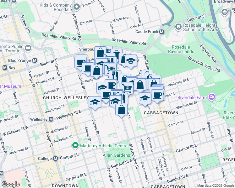 map of restaurants, bars, coffee shops, grocery stores, and more near 495 Sherbourne Street in Toronto