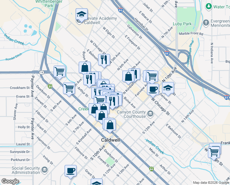map of restaurants, bars, coffee shops, grocery stores, and more near 712 Albany Street in Caldwell
