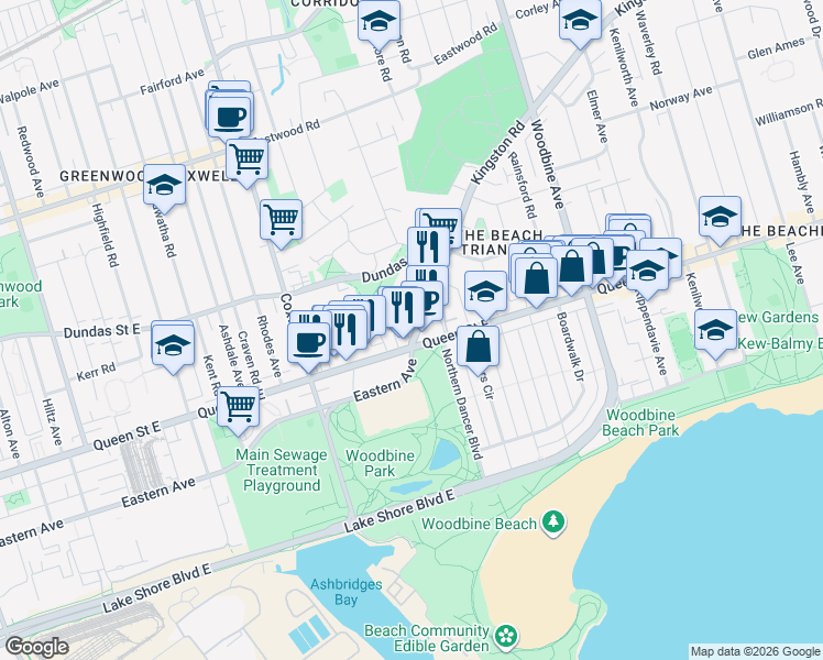 map of restaurants, bars, coffee shops, grocery stores, and more near 2 Kingston Road in Toronto