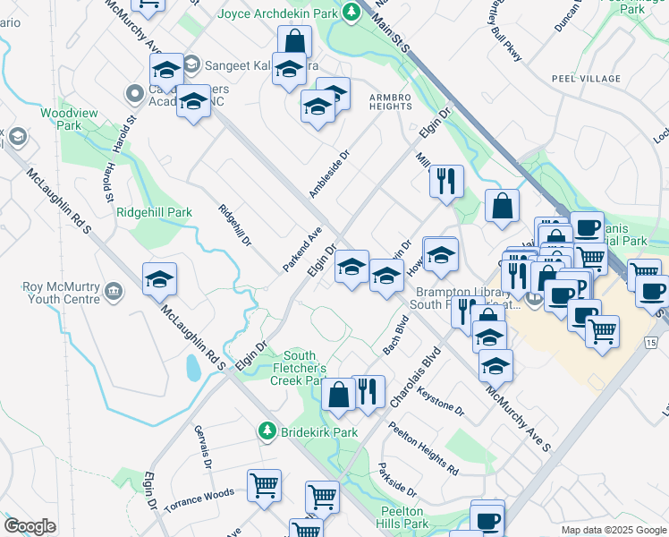 map of restaurants, bars, coffee shops, grocery stores, and more near 247 McMurchy Avenue South in Brampton