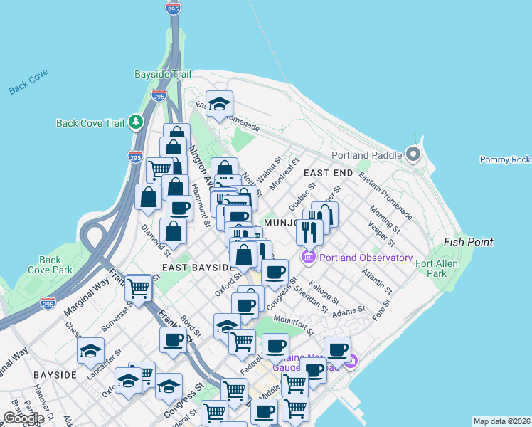 map of restaurants, bars, coffee shops, grocery stores, and more near 80 North Street in Portland