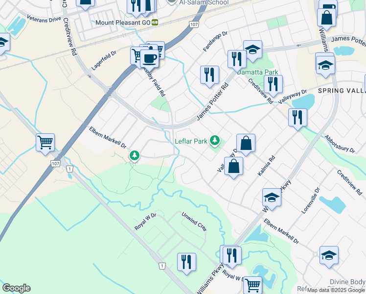 map of restaurants, bars, coffee shops, grocery stores, and more near 20 Dunley Crescent in Brampton