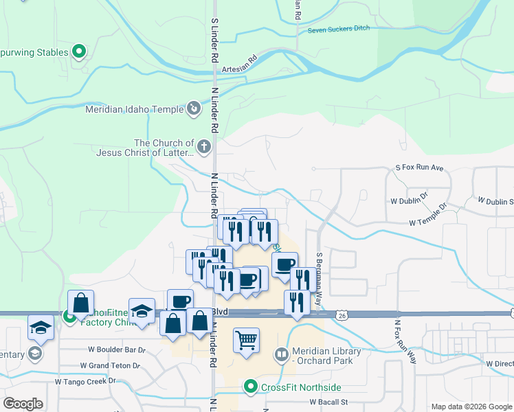 map of restaurants, bars, coffee shops, grocery stores, and more near 4512 West Temple Drive in Meridian