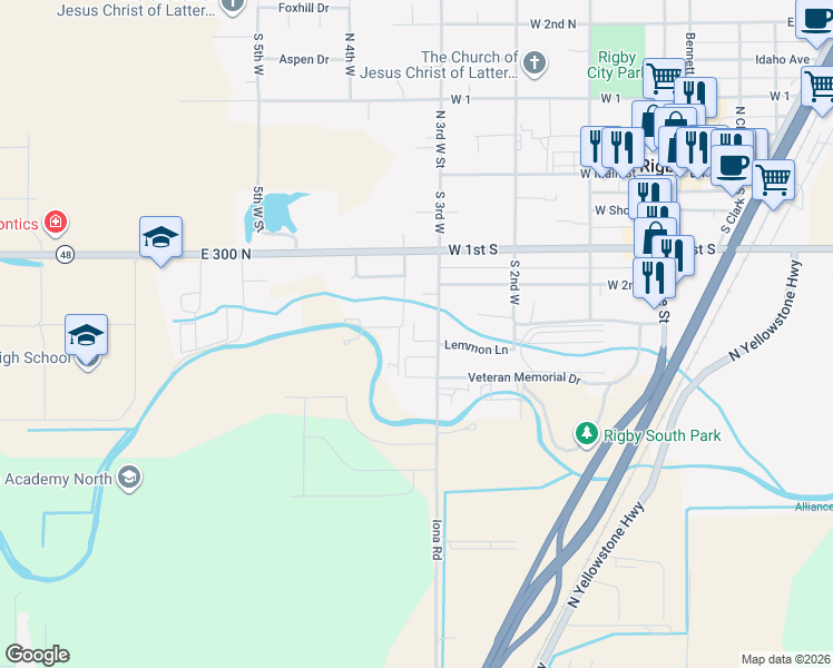 map of restaurants, bars, coffee shops, grocery stores, and more near 368 South 3rd West in Rigby