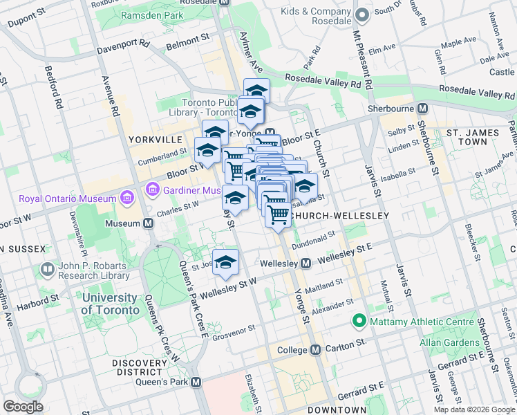 map of restaurants, bars, coffee shops, grocery stores, and more near 75 Saint Nicholas Street in Toronto