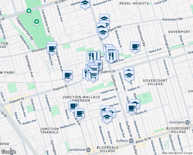 map of restaurants, bars, coffee shops, grocery stores, and more near 1245 Dupont Street in Toronto